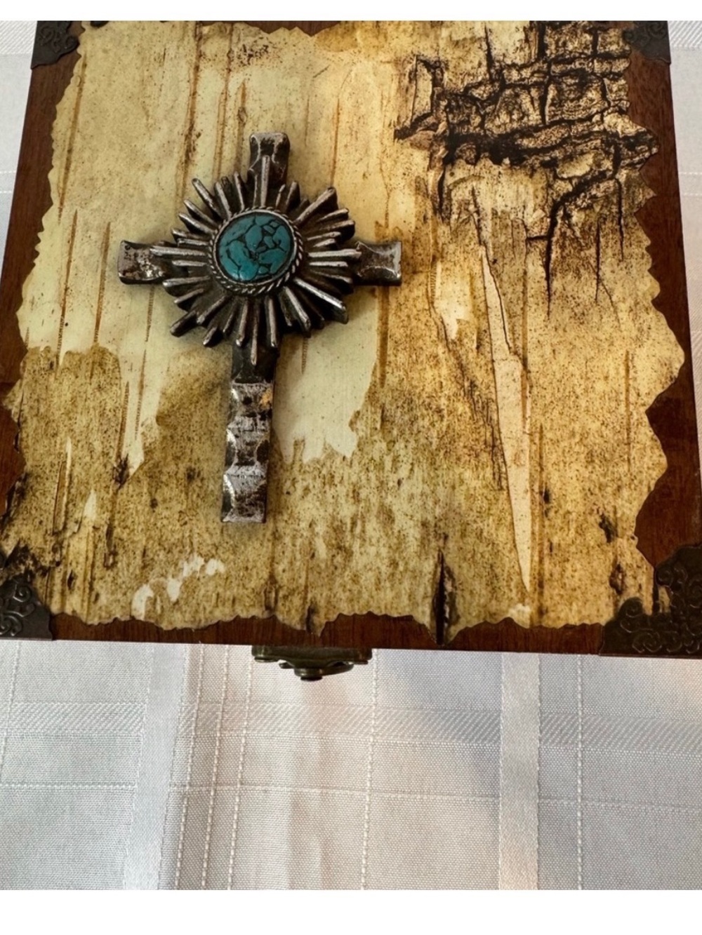 Wooden Antaño Cigar Box with Turquoise Cross Metal Accents